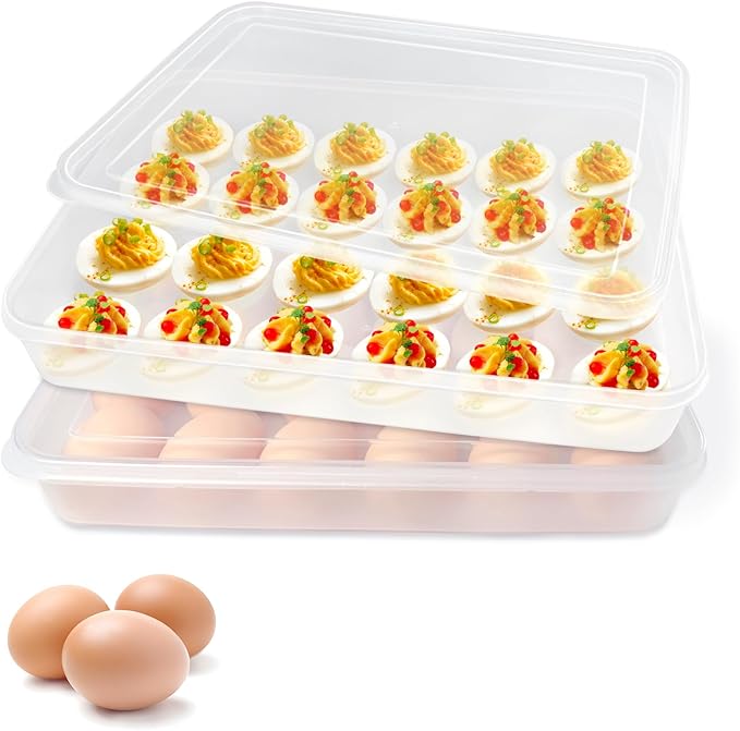 Qyyiguf 2 Pack Deviled Egg Containers with Lid,Clear Portable Storage Carrier Egg Holder,Stackable Plastic Egg Tray Carrier for Fridge,Kitchen,Keep Fresh(48 Eggs)