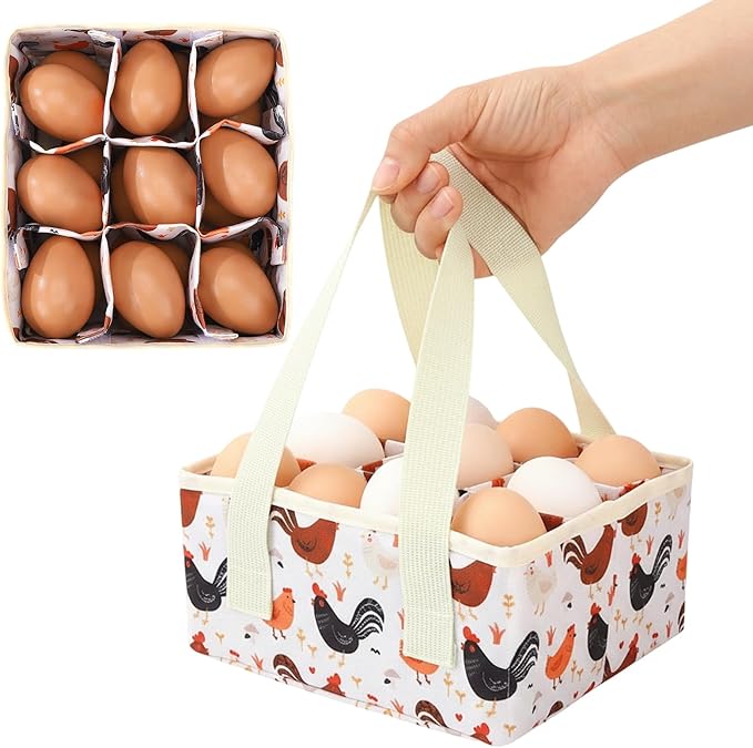 Removable Egg Collecting Basket, Egg Basket for Gathering Fresh Eggs with 9 Pouches, Foldable Canvas Egg Holder, Collector Egg for Chicken, Duck, Goose, Collection (Cartoon Chicken)