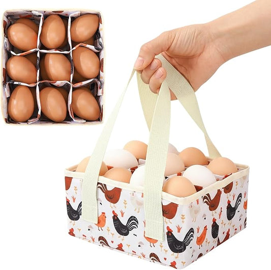 Removable Egg Collecting Basket, Egg Basket for Gathering Fresh Eggs with 9 Pouches, Foldable Canvas Egg Holder, Collector Egg for Chicken, Duck, Goose, Collection (Cartoon Chicken)