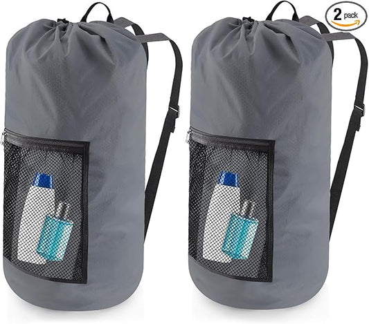 Olosar Laundry Bag Backpack, 2PCS Extra Large Travel Laundry Bag with Mesh Pocket & Adjustable Shoulder Straps,Dirty Clothes Travel Bag for College Students Dorm,Apartment(Grey)