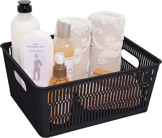 Simplify 4Pk Large Slide 2 Stack It Tote Basket | Storage & Organization | Open Bins with Stackable Capability | Bathroom | Crafts | Pantry | Playroom | Office | Black (KIT-25930-BLK-4PK)