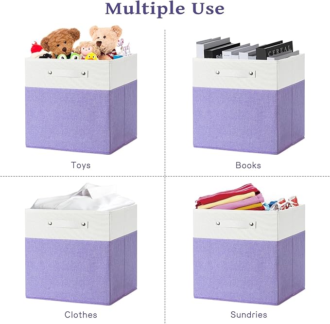 FinishingBo 13 x 13 Inch Fine Linen Storage Bins with Handles，Fabric Cube Boxs，Basket Organizers for Shelves for Home, Closet Drawers (White/Purple-4 Pack)