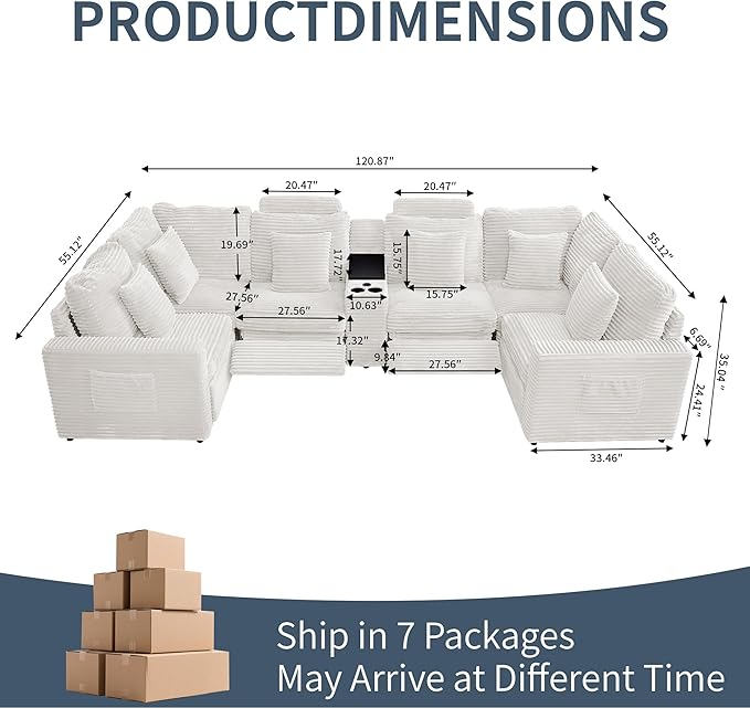 LEVNARY 6-Seat U Shaped Modular Sectional Sofa with Power Recliners, Faux Rabbit Fur Upholstery, Storage Console with Charging Ports & Cup Holders, Living Room Couch Set for Home Office (White)
