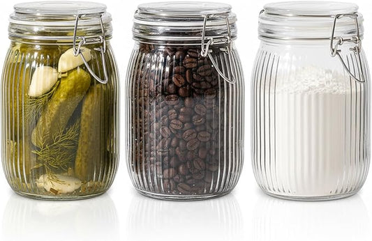 ComSaf 34oz Ribbed Glass Jars with Airtight Latch Lids - Set of 3 Farmhouse Vintage Canisters for Coffee, Sourdough Starter, Dry Goods & Fermenting, Pantry Organization & Kitchen Decor