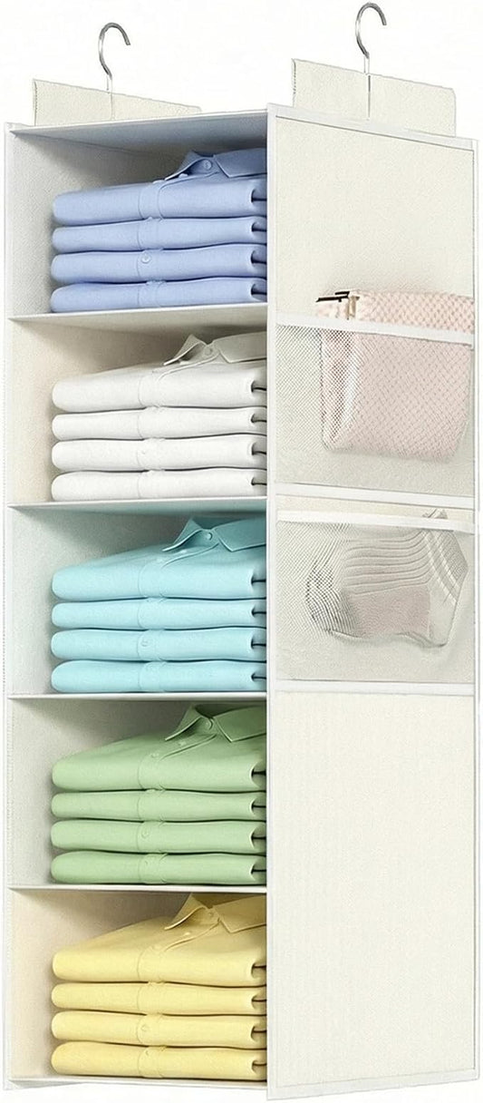 ALLTIDYUP Extra Deep Hanging Closet Organizers and Storage, 5-Tier Closet Hanging Organizer with 4 Mesh Pockets, Heavy-Duty Closet Shelves for Clothes and Hats, Ideal for Dorms and RVs, 1-Pack, White