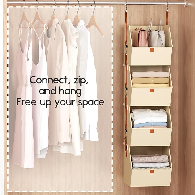 Homsorout Hanging Closet Organizer 4 Tier - Clothes Hanging Shelves, Space-Saving Closet System, Fabric Storage Bins Bedroom Organization, Collapsible Baskets for Home, Dorm, Rv, Beige