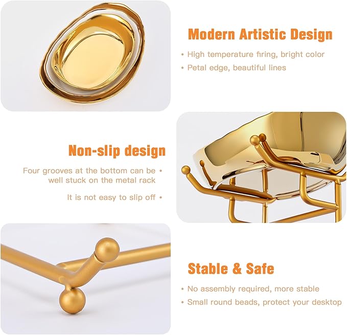 Ceramic Fruit Bowl for Kitchen Counter - 3 Tier Fruit Basket with Metal Stand, Tiered Fruit Stand for Countertop, Snack, Nuts, Cake, Dessert, Small & Cute (Gold & White,Small) 2