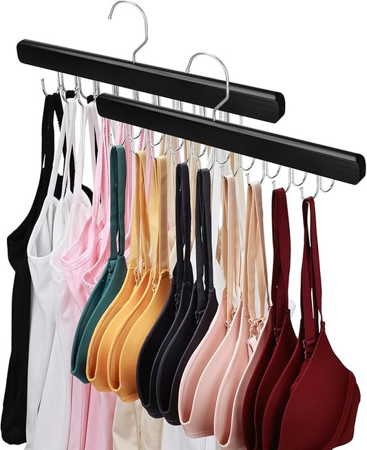 NECAMOCU 2 Pack Bra Hanger for Closet Organizer, Premium Wooden Tank Top Hangers with 36 Foldable Hooks, 360° Rotating Design, Space Saving Storage for Tank Tops, Bras, Scarves and More, Black