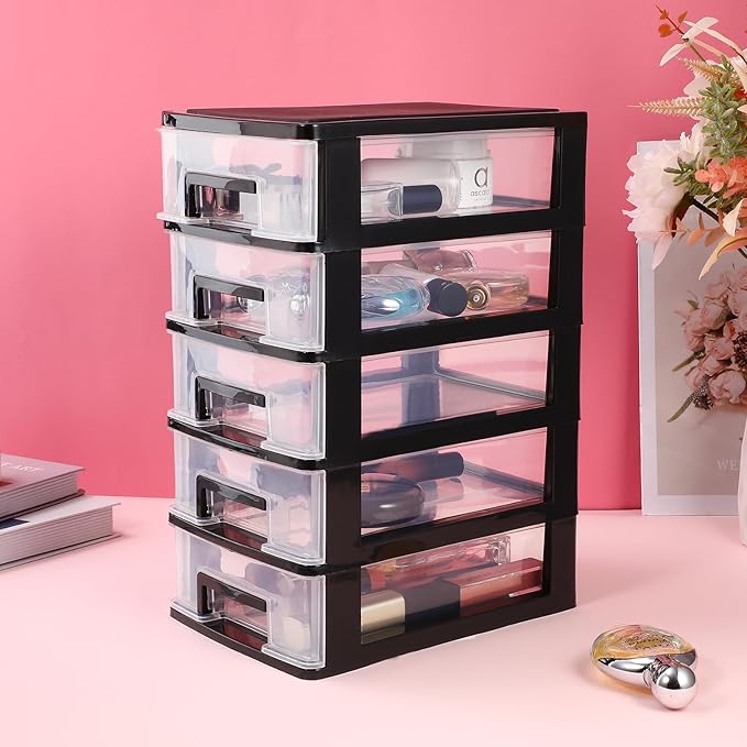 Multifunctional Five-Layer Plastic Storage Cabinet with Transparent Drawers - Space-Saving Organizer for Office, Closet, and Home, 12.36 Inches, Black