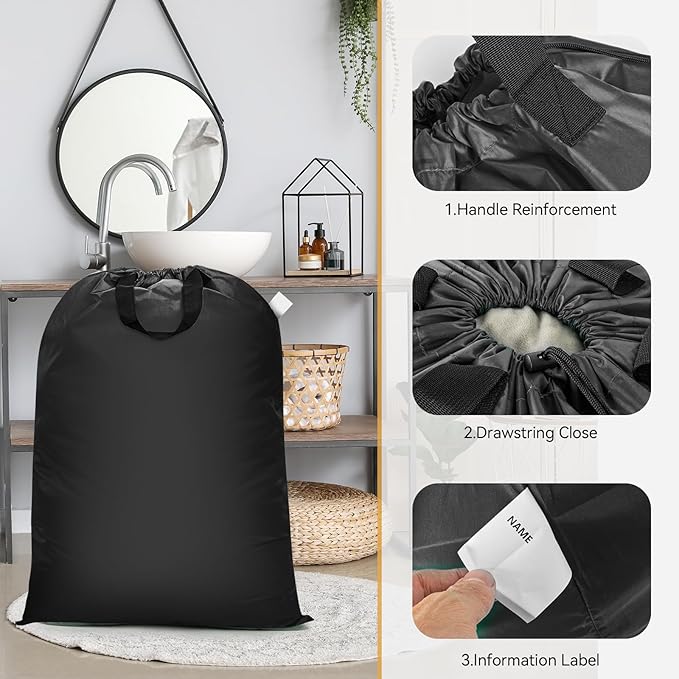 Isink Extra Large Laundry Bag With Handles, Heavy Duty, Travel Laundry Bag for Dirty Clothes, 28" x 40" (Black)