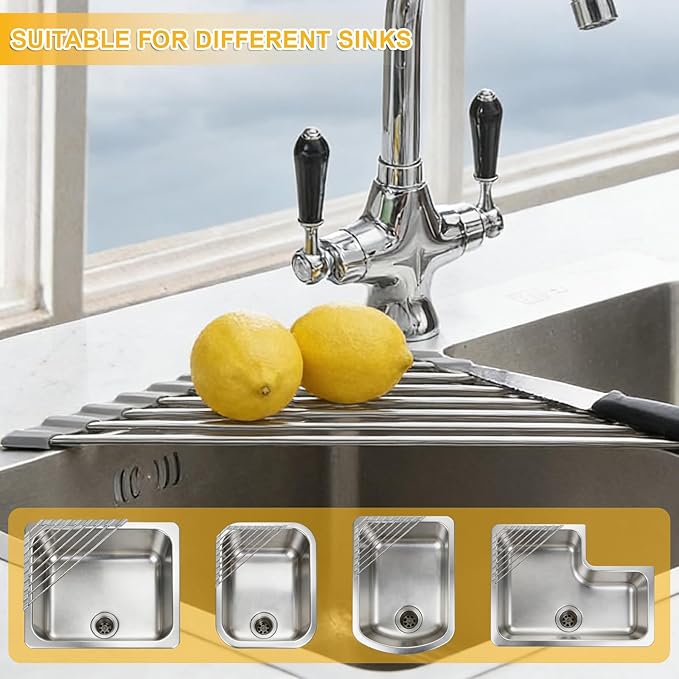 Triangle Roll Up Dish Drying Rack, Over The Sink Dish Drying Rack, Stainless Steel Sink Caddy for Top of Sink, Foldable Anti-Slip Kitchen Sink Organizer Space Saving Corner Drainer