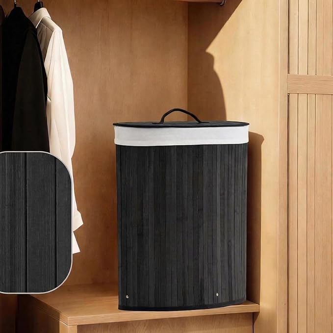 GarveeHome Folding Bamboo Laundry Hamper with Lid, 27.5 Gallon Wooden Laundry Basket with Washable Liner Bag, Slim Clothes Storage Hamper for Small Bedrooms Apartments Dorms (Black - Triangle)