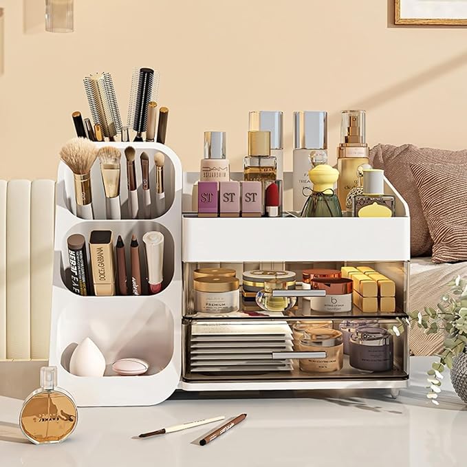 Booklov Makeup Organizer for Vanity, Large Capacity Cosmetic Display Case with Clear Acrylic Drawer, Countertop Beauty Storage Holder for Skincare, Brush Eyeshadow Lipstick Counter Desk, Crystal White