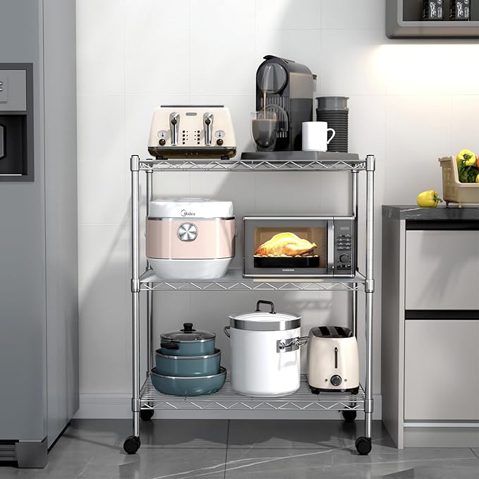 Simple Deluxe Heavy Duty 3-Shelf Shelving with Wheels, Adjustable Storage Units, Steel Organizer Wire Rack, 24.02”L x 13.78“W x 31.89”H, Chrome, HKSHLF23133003CPC