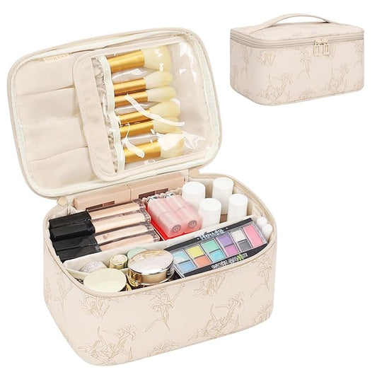 OCHEAL Makeup Bag for Women - Travel Cosmetic Organizer with Brush Slot & Divider, Large Capacity Toiletry Bag for Girls, Travel Makeup Case for everyday Make up Accessories -Beige floral