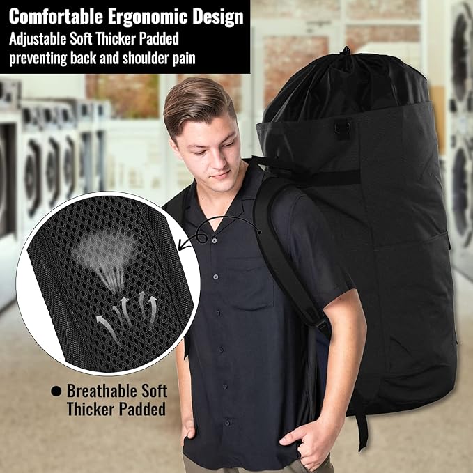 Laundry Backpack Bag 125L Extra Large, Heavy Duty for College Dorm & Apartment, Durable Thick Material Laundry Hamper with Padded Straps for Easy Carry, 3 Pockets for Travel & Laundromat (Black)