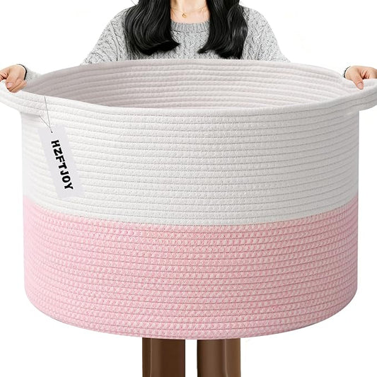 65L Large Pink Woven Cotton Rope Basket with Handles, Kids Nursery Laundry Hamper for Toys, Blankets, Pillows & Comforters, Cute Storage Bin for Bedroom & Playroom
