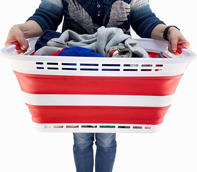SAMMART 42L (11 gallons) Collapsible Plastic Laundry Basket - Portable Pop Up Storage Container/Organizer - Portable Hamper - Space Saving Easy Storage (White/Viva Magenta [BPA Free] (Set of 2))