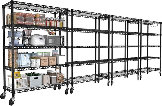 PrimeZone 74''H Wire Shelving 1250lbs 5 Tier Storage Shelves with Wheels NSF Certified Heavy Duty Steel Metal Shelf Adjustable Rolling Rack Kitchen Garage Closet Pantry 4pcs 74''HX36''WX14''D 4pcs