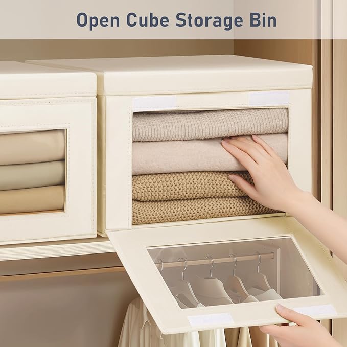 Homsorout Large Storage Bins with Lids - Fabric Collapsible Closet Storage Organizer with Window & Handles, Stackable Decorative Storage Boxes for Clothes, Blankets, Sweaters, 6 Pack, Beige