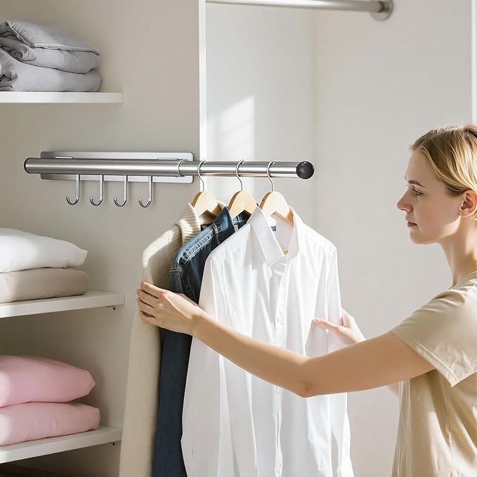 Lewondr Valet Rod for Closet Pull Out, 12" Adjustable Heavy Duty Extending Closet Rod, Valet Clothing Hanger Rods Extender for Wardrobe, Laundry Room, Bedroom, Bathroom, Silver, 2 Pack