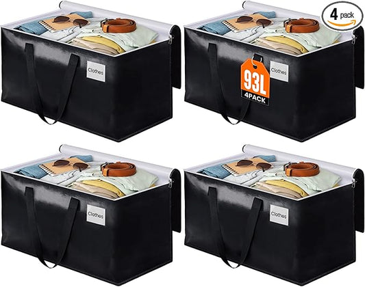 BlissTotes Moving Bags, Heavy Duty Moving Boxes with Zippers Top and Sturdy Handles, Storage Bags for Space Saving and Packing, Collapsible Moving Supplies, Storage Totes (93L, 4-Pack, Black)