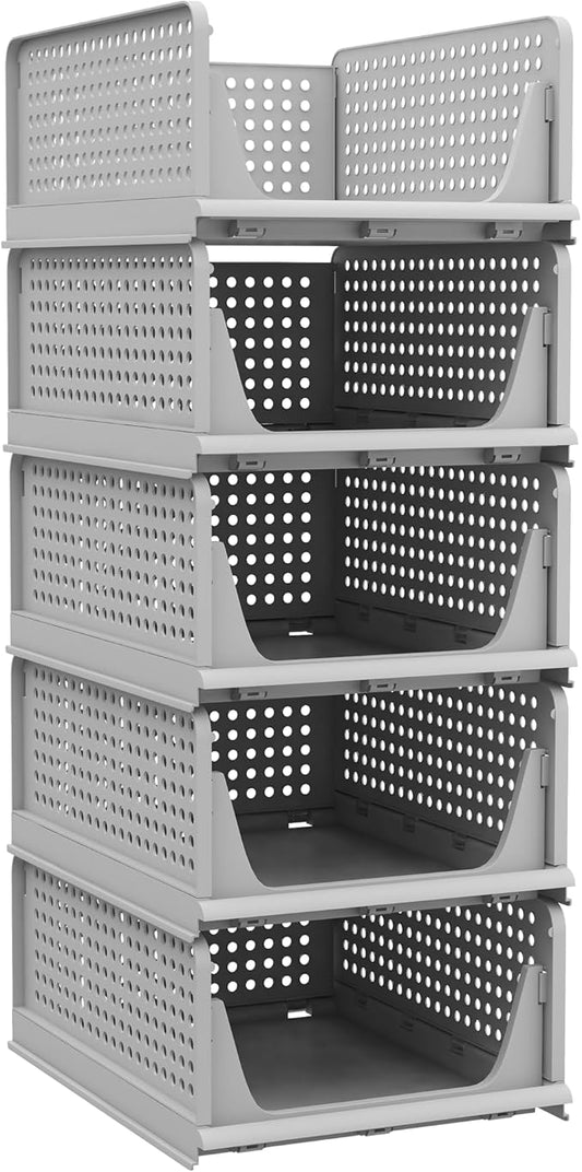 Pinkpum 5 Pack Folding Closet Organizers Storage Box, Stackable Plastic Drawer Basket for Clothing, Stackable Storage Bins Shelf Storage Container for Closet Wardrobe Bedroom Bathroom Office (Grey)