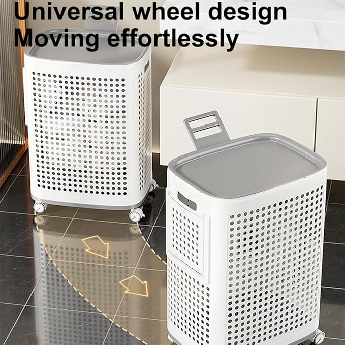 Plastic Laundry Basket with Lid and Wheels, Clothes Hamper with Side Compartments and Brakes, Portable Laundry Hamper on Wheels for Easy Mobility for Bathroom and Bedroom