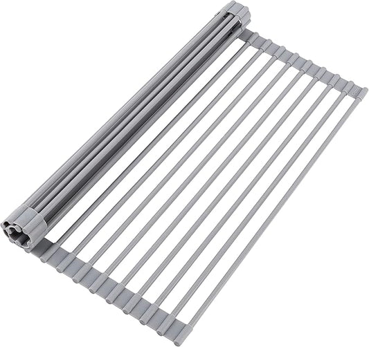 Oizeir Roll Up Dish Drying Rack - Silicone Coated Stainless Steel, Over The Sink, Foldable, Heat-Resistant, Anti-Slip, Dish Drainer. (17" x 12.5")
