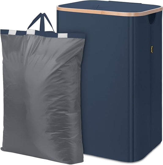 BALEINE Laundry Hamper with Lid, Tall Laundry Baskets with Bamboo Pull Handles, Large Laundry Bin with Internal Support (26 Gal/100L, Blue)