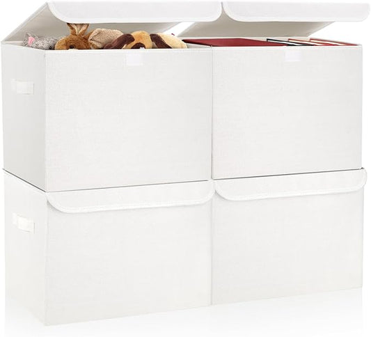 Bagnizer Large 22 Quart Linen Fabric Foldable Storage Bin Cube Organizer Basket with Flip-Top Lid & Handles, Clothes Blanket Box for Home, Office, Closet, White, 4 Pack 14.6 x 9.5 x 9.5”