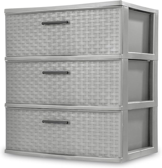 Sterilite 4 Pack 3 Drawer Wide Storage Tower, Plastic Weave Organizer, Cement - Lightweight Opaque Container for Bedrooms, Closets, or Bathrooms