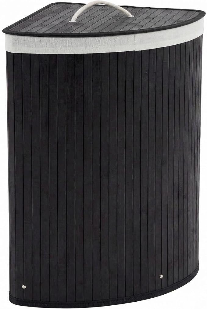 GarveeHome Folding Bamboo Laundry Hamper with Lid, 27.5 Gallon Wooden Laundry Basket with Washable Liner Bag, Slim Clothes Storage Hamper for Small Bedrooms Apartments Dorms (Black - Triangle)