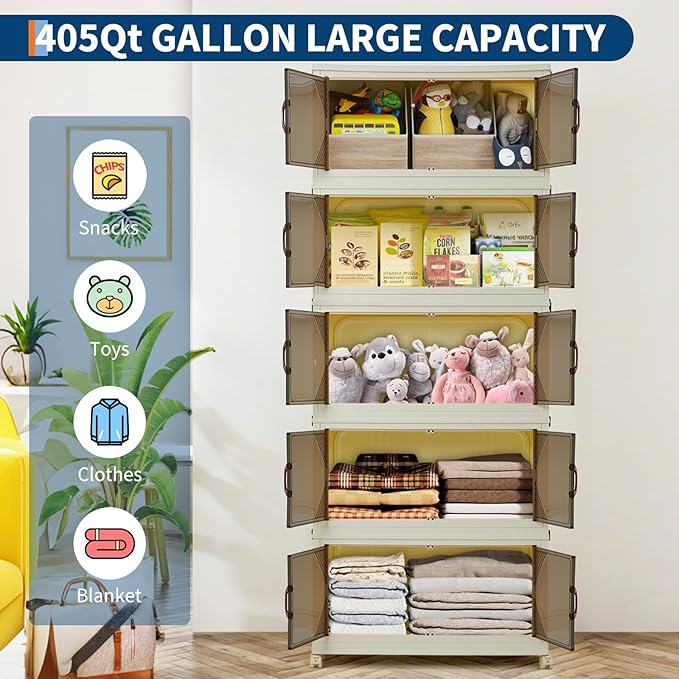 GarveeHome 405QT Stackable Storage Bins, Folding Storage Box with Magnetic Doors & Wheels, Loset Organizers and Storage with Lids, Collapsible Plastic Drawers for Bedroom Kitchen Office, White