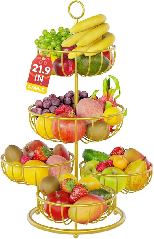 PouHenier.jh 5 Tier Fruit Basket Stand for Counter, Kitchen Tall Tiered Fruit Bowl Organizer for Dining Table Countertop, Multi Level Fresh Produce and Vegetable Holder Rack, Sturdy Metal Wire, Gold