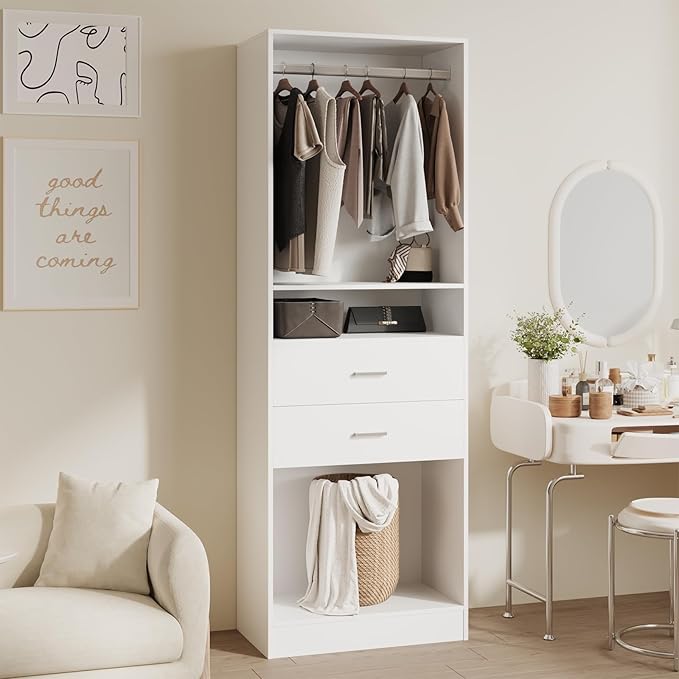VOWNER 25'' Freestanding Closet System with Drawers & Hanging Rod, Wood Closet Organizer System, Walk-in Closet Shelving Unit, Clothes Garment Rack, Armoire Wardrobe Closet Bedroom Entryway