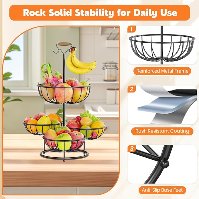 PouHenier.jh 4 Tier Fruit Bowl Basket with Banana Hangers, Kitchen Counter Metal Round Produce Holder, Stable Vegetable Countertop Stand Organizer, Corner Multi Tiered Storage Rack, Sturdy Base, Black
