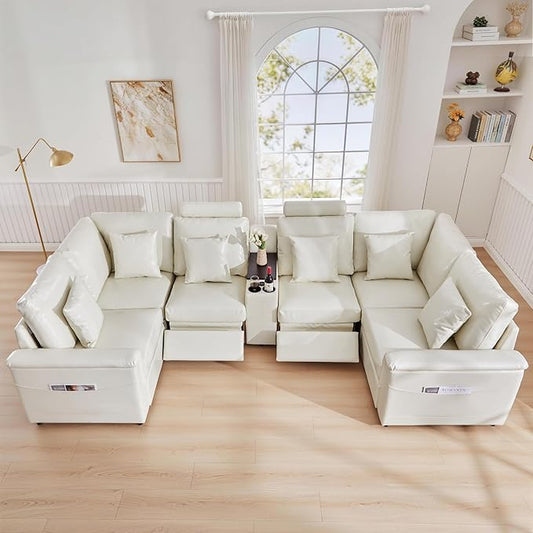 LEVNARY 6-Seat U Shaped Modular Sectional Sofa with Power Recliners, Upholstered Faux Leather Couch Storage Console with Charging Ports & Cup Holders, Living Room Couch Set for Home Office (White)