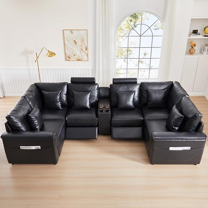 LEVNARY 6-Seat U Shaped Modular Sectional Sofa with Power Recliners, Upholstered Faux Leather Couch Storage Console with Charging Ports & Cup Holders, Living Room Couch Set for Home Office (Black)