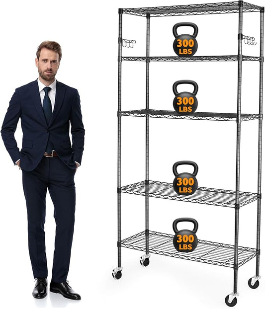 BolDuck 5 Tier Storage Shelves with Wheels, 1750lbs Capacity Heavy Duty Shelving Units, 14x36x75inch Adjustable Metal Shelf Wire Shelving Rack for Garage, Kitchen, Office, Black