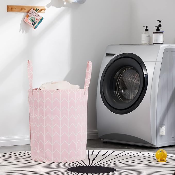 Large Storage Basket for Girls and Boys, Collapsible Laundry Hamper with Long Handles, Toy Bins for Nursery, Kids Room Décor Pink Geometry