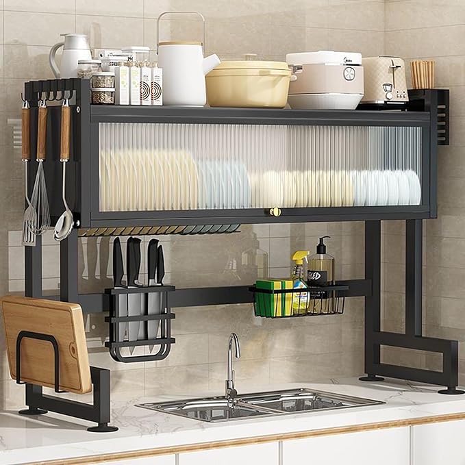 Over The Sink Dish Drying Rack, 3-Tier Dish Drying Rack with Cover, Large Sink Storage Organizer with Hooks and Clear Flip Door for Kitchen Counter, Black (33.4")