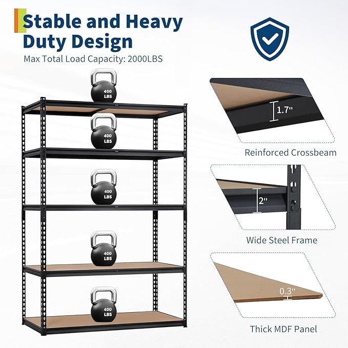 Heavy Duty Garage Storage Shelves, 5-Tier Metal Adjustable Shelving Unit, Storage Shelving with 2500 LBS Capacity for Kitchen Pantry Basement Bathroom Laundry, 30" l x 12" w x 60" h