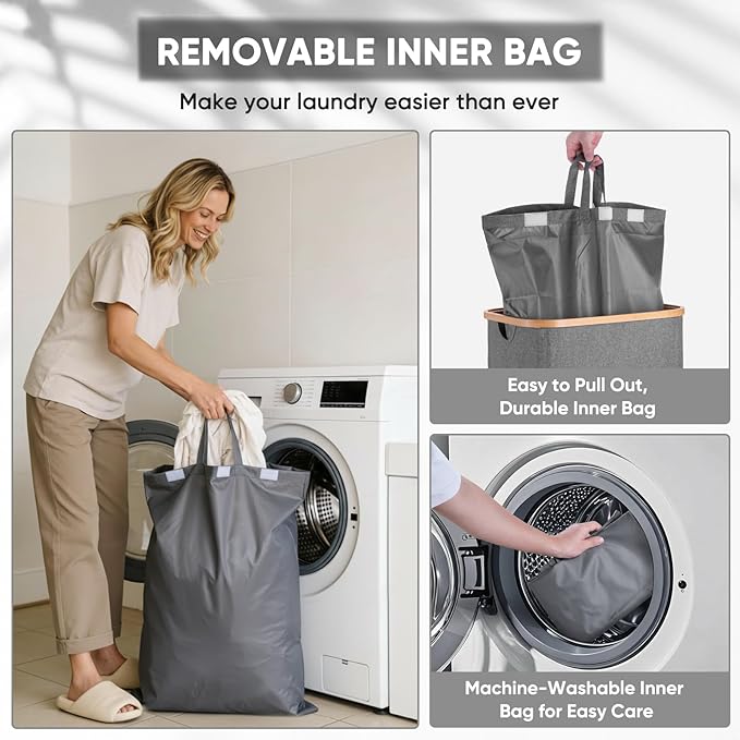 BALEINE Laundry Hamper with Lid, Tall Laundry Baskets with Bamboo Pull Handles, Large Laundry Bin with Internal Support (36 Gal/140L, Grey)