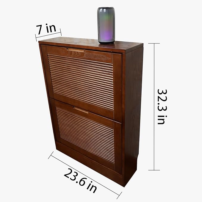 Solid Shoe Storage Cabinet with 2 Flip Drawers, Narrow Wood Shoe Organizer Cabinet with Fluted Panel, Slim Shoe Rack for Entryway, Freestanding Shoe Cabinet for Entryway Hallway Foyer，Walnut