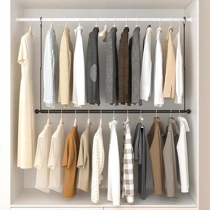 SUTINE Closet Rods for Hanging Clothes, Adjustable Closet Extender Hanging Rod, Space-Saving Closet Rod Extender Clothes Hanging Bar, Closet Poles for Hanging Clothes Organizer (Black, 31.5-47.2 IN)