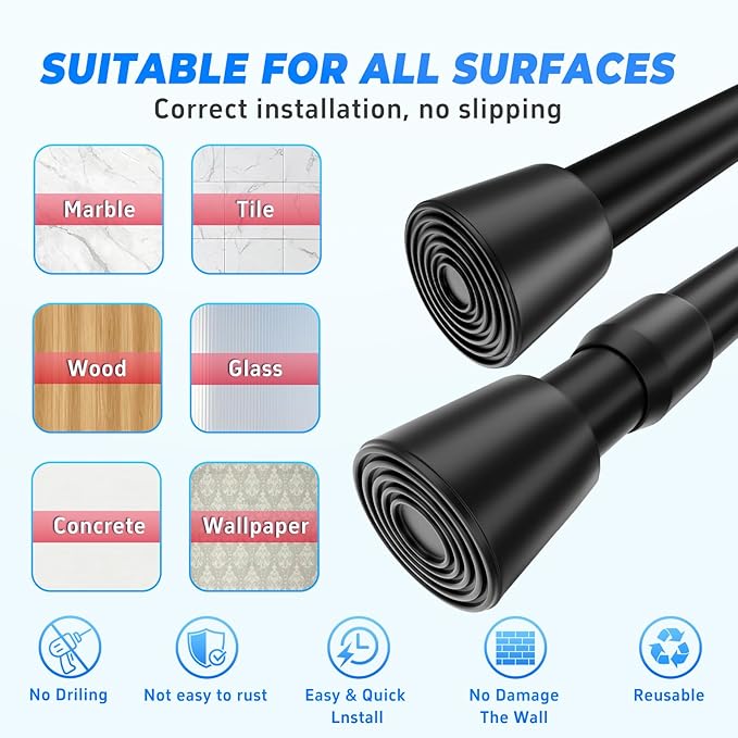 2 Pack 33"-59" No Splicing Shower Curtain Tension Rods, Spring Telescopic Rod, Heavy Duty, No Bending, No Drilling Adjustable Rod for for Windows, Bedroom, Doorway Door, Closet, Black