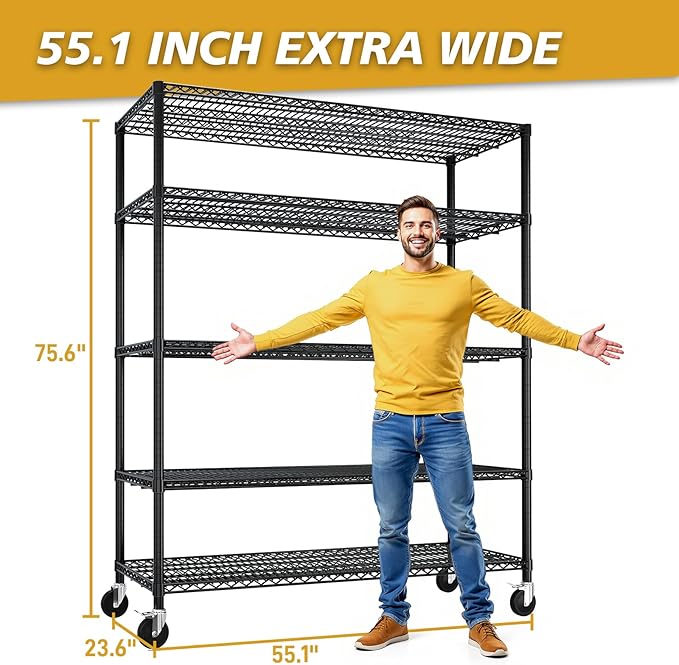 5 Tier Storage Racks Shelving, Heavy Steel Pantry Shelves, Adjustable Wire Shelving Rack with Wheels, Suitable for Garage, Kitchen, Bathroom, Office, 55" W x 24" D x 76" H, Black