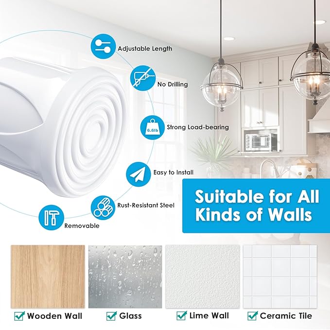 MEXAU White Tension Curtain Rod 16 - 28 inch Spring Tension Rod Curtain Rod Adjustable Spring Rod Extendable Tension Rod for Kitchen, Bathroom, Window, Closet.
