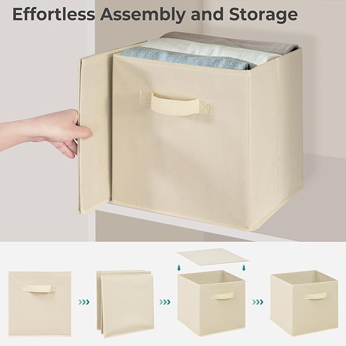 11x11 Inch Storage Bins Cubes, Fabric Foldable Storage Box, Collapsible Closet Organizer for Clothes, Blankets, Office, Bedroom, Living Room, Shelf Cabinet, Bookcase, Beige, 5 Pack